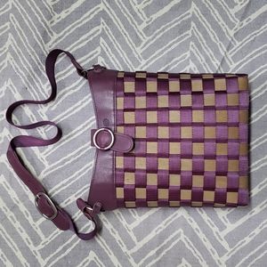Longaberger to go purple tote bag purse tall buckle tote leather wood basket bag